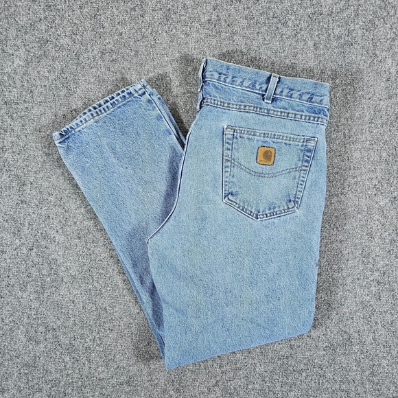 Carhartt Leather Patch Denim Jeans Medium Wash Men's Tagged 38x32 Act 34x30 Flaw - Picture 1 of 7